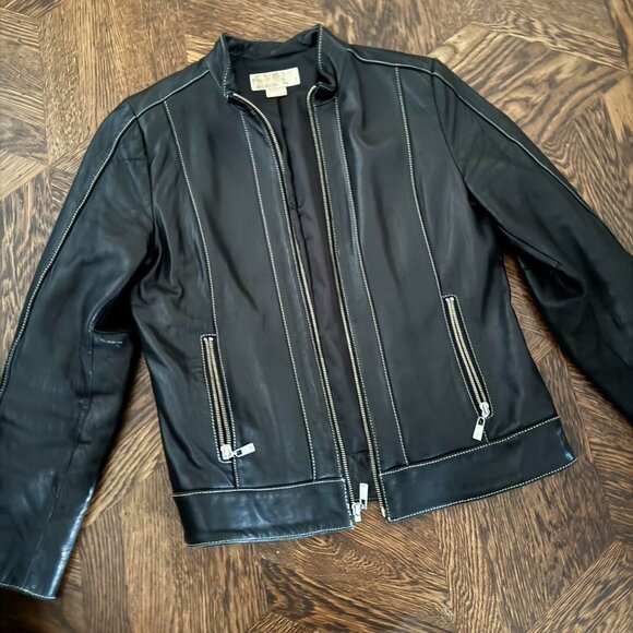 Michael Kors Black Genuine Leather Jacket with contrast stitching size medium - Picture 1 of 5